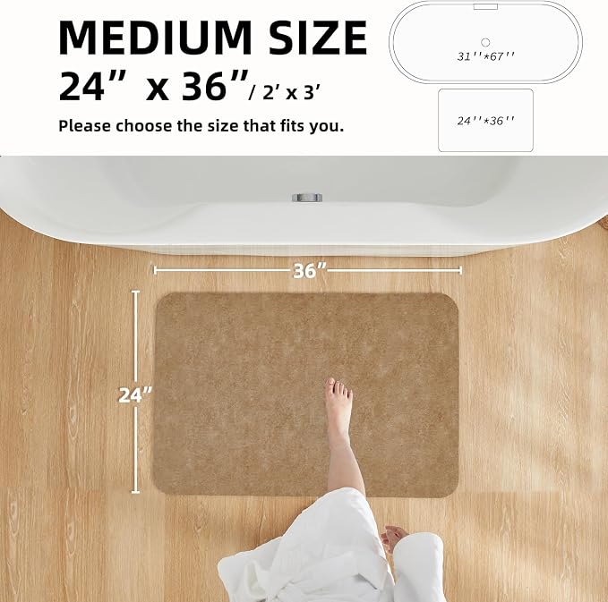 TYUU Bathroom Mat Quick Dry, Bathroom Rugs Non Slip Washable Thin Absorbent Bath Mat Fits Under Door Bathroom Floor Mat Perfect for Bath, Shower, or Sink 24"x36" Camel