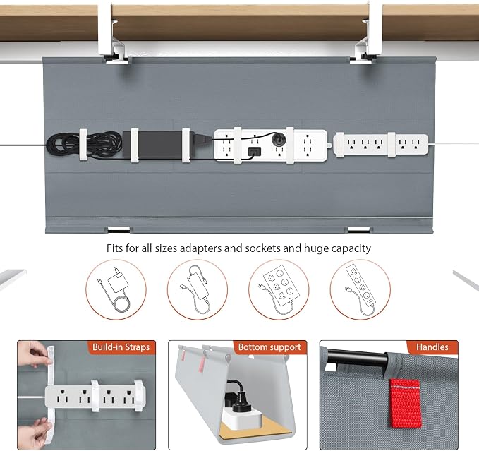 Univivi No Drill Under Desk Cable Management Tray, 36" Cord Organizer for Table, Clamp/Screw Mount Desk Cable Management, Premium Fabric Cable Management Tray for Office, Home