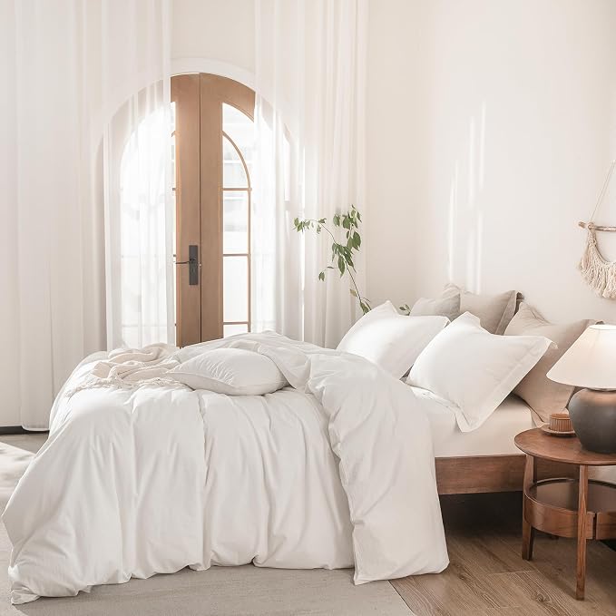 Linen Feel Duvet Cover Super King Plus Size 120inch x 120inch,100% Washed Cotton Duvet Cover with Zipper Closure and 2 Pillowcases, Color of Off White