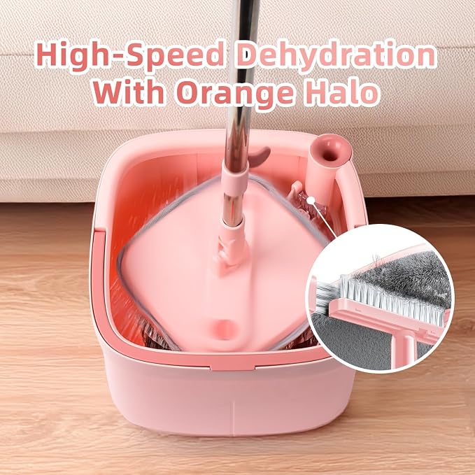 Upgraded Spin Mop and Bucket System Set, Self Separate Clean and Dirty Water, Foldable Square Standing Mop Head with Microfiber Mop Pads, Detachable Bucket (Pink, 1.0 Mop Bucket Set with 6 Pads)