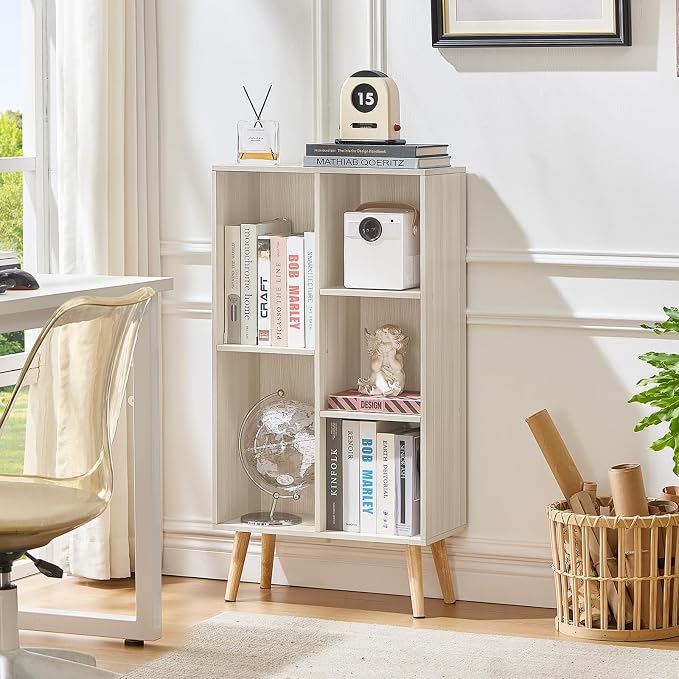 LEYAOYAO 5 Cube Bookshelf,Mid-Century Modern Bookcase with Legs,Light Grey | 3 Tier Book Shelf,Rustic Wood Bookshelves Freestanding Small Storage Organizer, Open Shelves for Bedroom, Living Room, Office