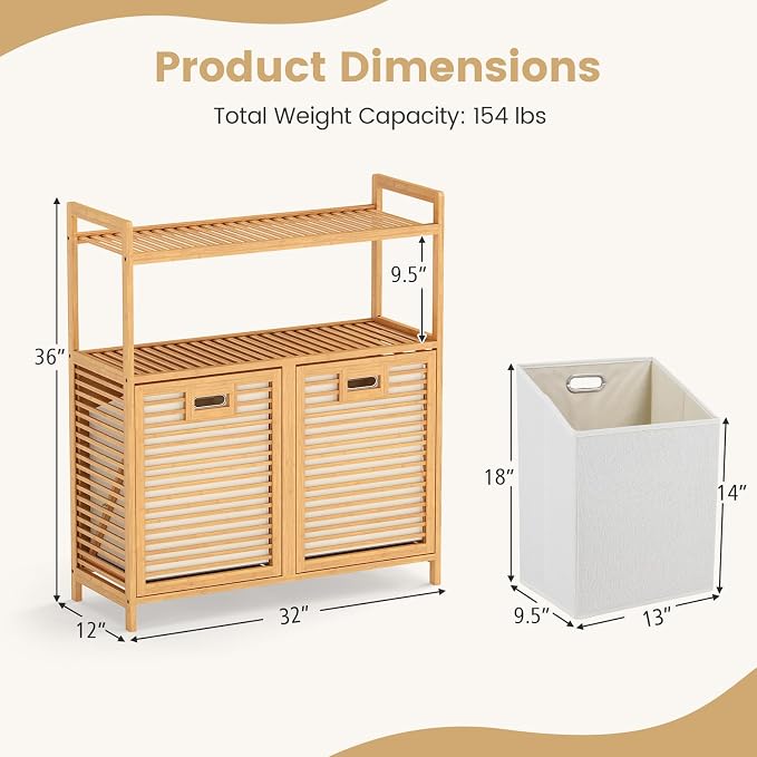 Giantex Double Tilt Out Laundry Hamper w/2-Tier Storage Shelf | 14 Gal Bamboo Laundry Storage Cabinet w/Removable Laundry Baskets, Laundry Sorter Organizer for Bathroom Living Room Bedroom
