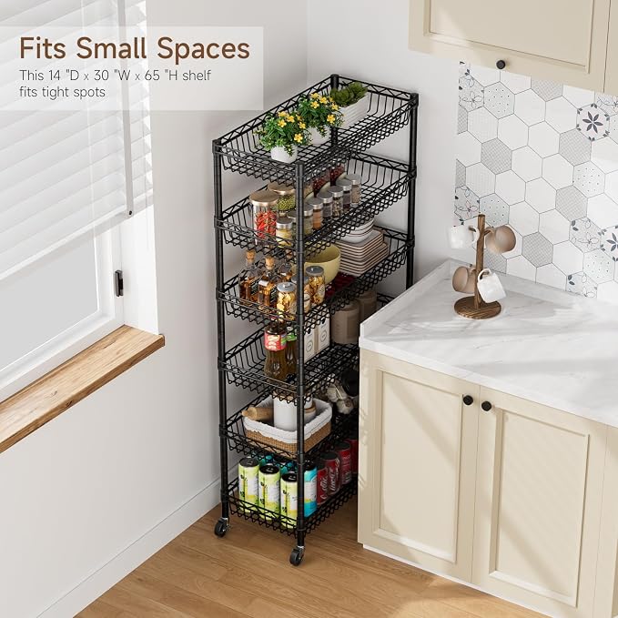 Golpart 6 Shelves Storage Shelf Wire Closet Bathroom Organizers Metal Pantry Kitchen Garage Shelving Unit Laundry Room Organization Home Rack Net Basket Black with Wheels 30" Dx14 Wx65 H