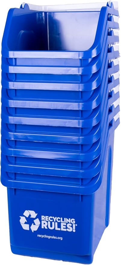 Recycling Rules! 6 Gallon Stackable Recycling Bin Container in Blue, Eco-Friendly BPA-Free Handy Recycler with Handle, 10-Pack