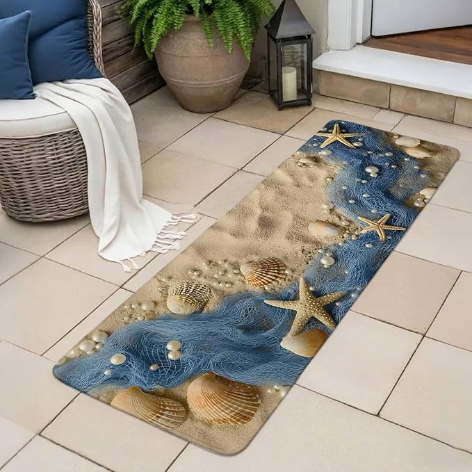 Hallway Runner Rug 31.5"x78.7",Coastal Beach Absorbent Non Slip Indoor Outdoor Carpet,Summer Nautical Blue Fishing Net Conch Low Profile Runner Rugs for Corridor Kitchen Laundry Room Mudroom Entryway