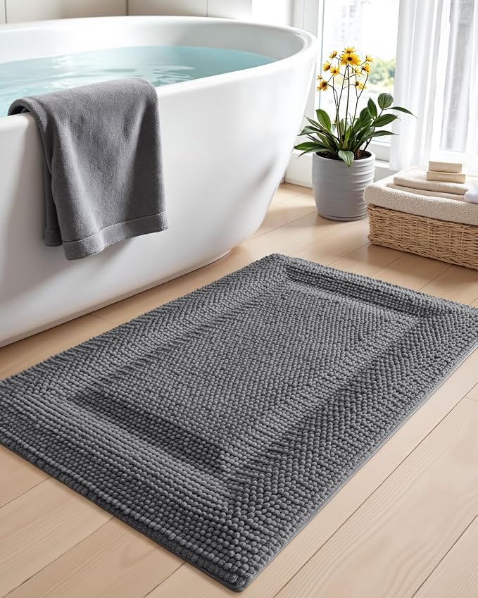 DEXI Bath Mats for Bathroom 32x20, Non Slip Washable Bathroom Rug, Thick Soft Chenille Absorbent Bathmat for Shower Floor, Fluffy Shaggy Carpet for Tub, Grey
