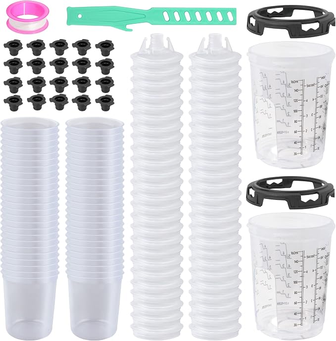 Disposable Paint Cups for Spray Guns, 50PCS 6oz (160ml) Paint Mixing Cup System with Lids, 2 Hard Cups & Retainer Rings, Ideal for Automotive Paint, Primer, Sealer and Clear Coat