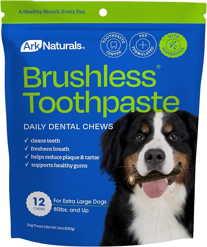 Ark Naturals Brushless Toothpaste Dog Dental Chews - XL Breeds (12 ct) | Vet Formulated Dog Dental Chew with Toothpaste Center - Freshens Breath, Reduces Plaque & Tartar