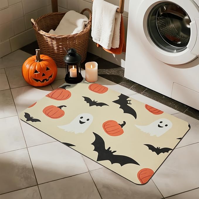 TYUU Halloween Bath Mat, Thin Bathroom Rug Non Slip Quick Dry Pumpkin Bath Mat Fits Under Door Thin Floor Mat Halloween Decor, 17''x30'', Pumpkins Bats and Ghost