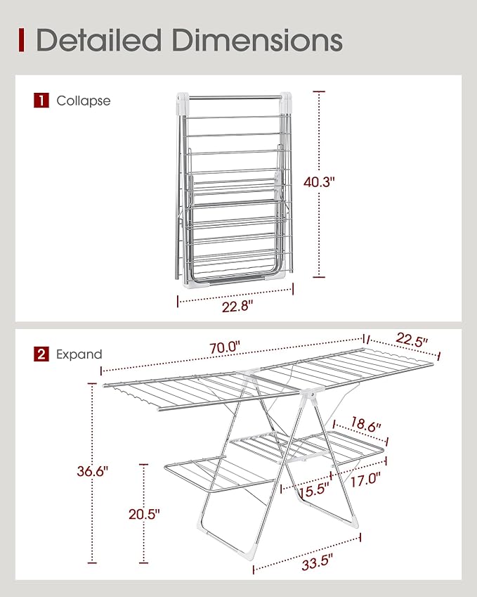Sakugi Clothes Drying Rack, Foldable 2-Level Laundry Drying Rack with Height-Adjustable Wings, for Clothing & Bedding, Free-Standing Space-Saving Rack, Indoor & Outdoor, 70" L × 22.8" W, Silver White