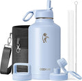 Half Gallon Water Bottle Insulated with Straw & 3 Lids, Coolflask 64 oz Water Jug Large Metal Stainless Steel Wide Mouth for Sports, Gym or Office, Non-BPA Keep Cold 48H Hot 24H, Light Blue