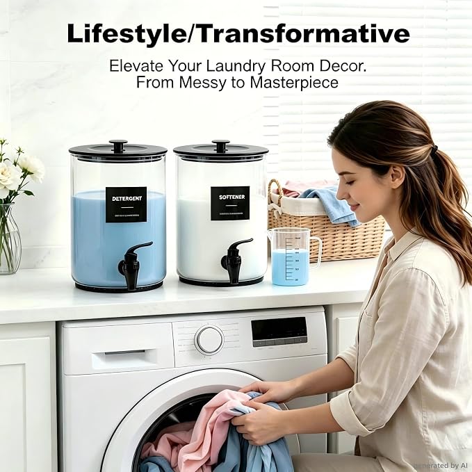 Glass Laundry Detergent Dispenser,1 Gallon Large Liquid Soap,2 Pack(Black) | Complete borosilicate jars set with leakproof spigots, protective silicone mats, minimalist labels, and dosing cups.