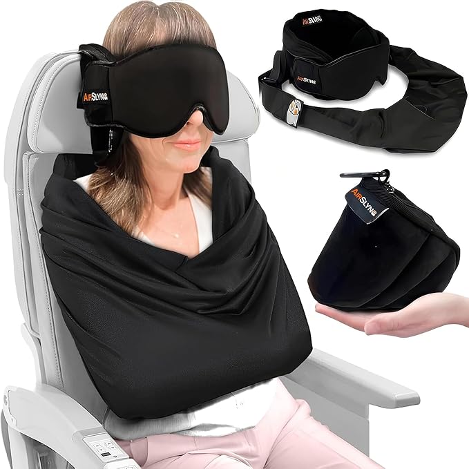 2 Pack 3-in-1 Airplane Sleep Support System - Plane Sleeping Accessories with Memory Foam Long Haul Flight Pillow, Adjustable Travel Eye Mask, and Blanket-Like Body Sling - Fits in Carry On