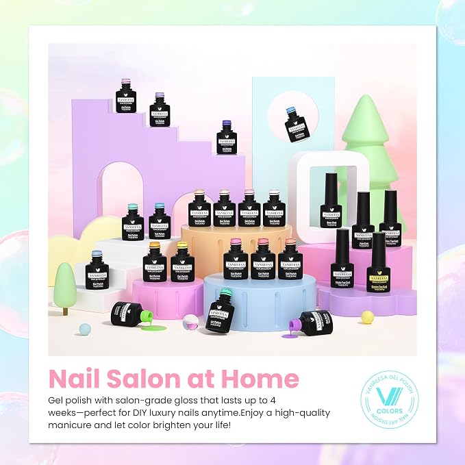 VANREESA 24 Pcs Pastel Gel Nail Polish Set -Spring Trendy Colors Gel Polish with Base Coat & 4 Effects of Top Coat Pink Orange Yellow Green Blue Purple Gel Polish Set Nail Kit Gifts for Women Girls