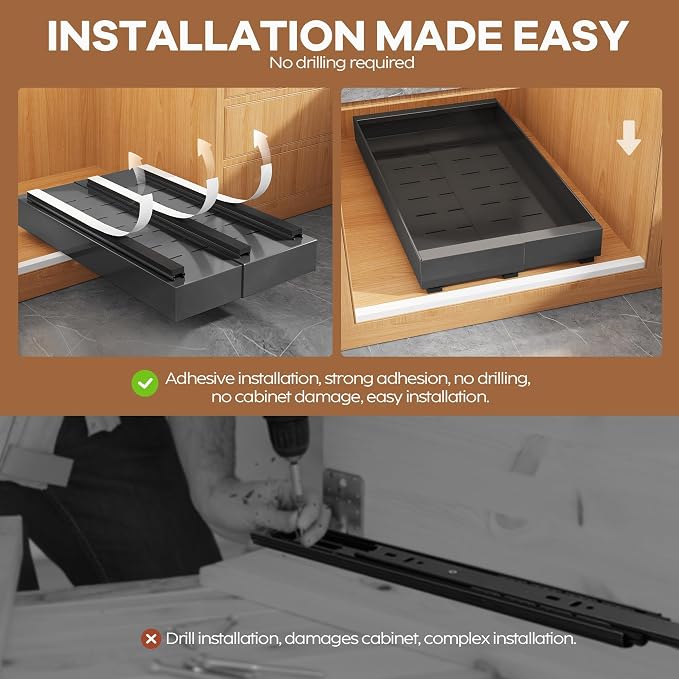 Seinloes 2 Pack Expandable Pull Out Cabinet Organizer 21" Deep with Raising Pad for Framed Cabinets,Upgrade 3 Slide Rails Slide Out Drawers,Roll Out Shelves Adhesive,Adjustable Width 9"-14.1" Black