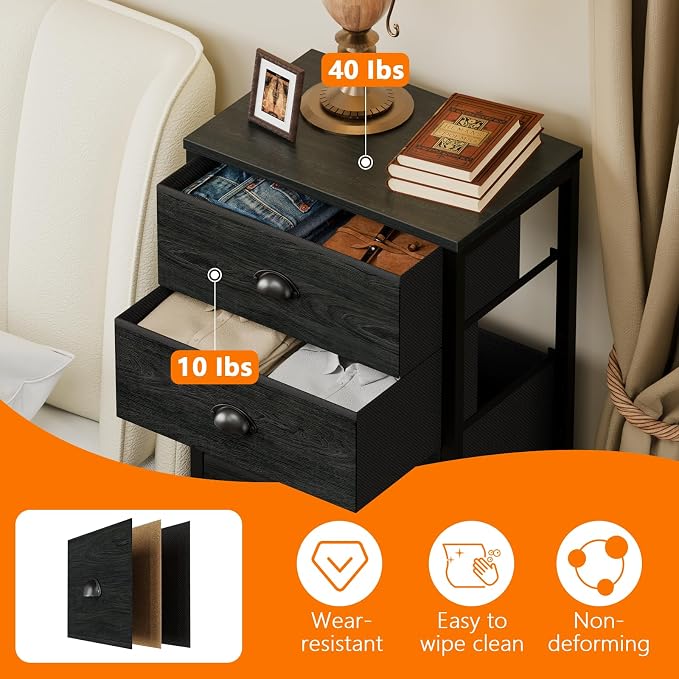 Furnulem Bedroom Dresser, Tall Chests of Drawers with 7 Fabric Bins, Black Organizer in Closet, Dorm, Living Room, Nursery, Hallyway-Storage Tower Unit, Sturdy Steel Frame