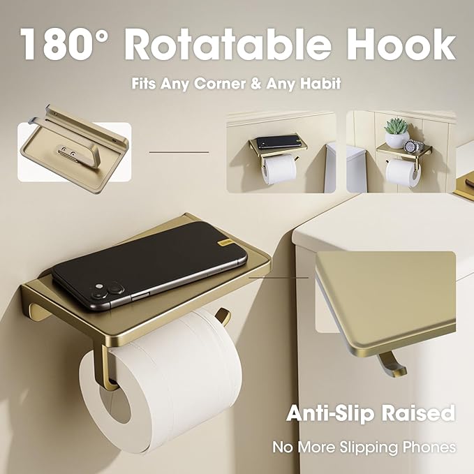 TRUSTMI Toilet Paper Holder with Shelf & Phone Stand | Brushed Gold Bathroom Storage, Solid Zinc Alloy, Wall Mounted | Holds 15lbs, Fits Jumbo Rolls