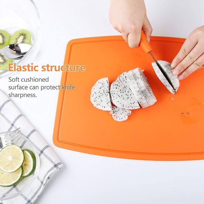 Silicone Thick Cutting Boards Mats Set of 3pcs Foldable & Flexible Design Juice Grooves Easy Grip Handle Dishwasher Safe for Kitchen,BPA free Chif-Orange