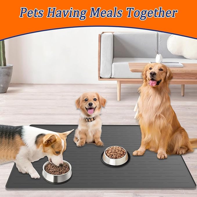 XXXXL Largest Pet Food Mat, 51.2"x25.6"(130cmx65cm) Silicone Dog Mats for Food and Water, Nonslip Pet Feeding Mats for Floors,Dog Cat Bowl Mat with Raised Edges, Light Gray