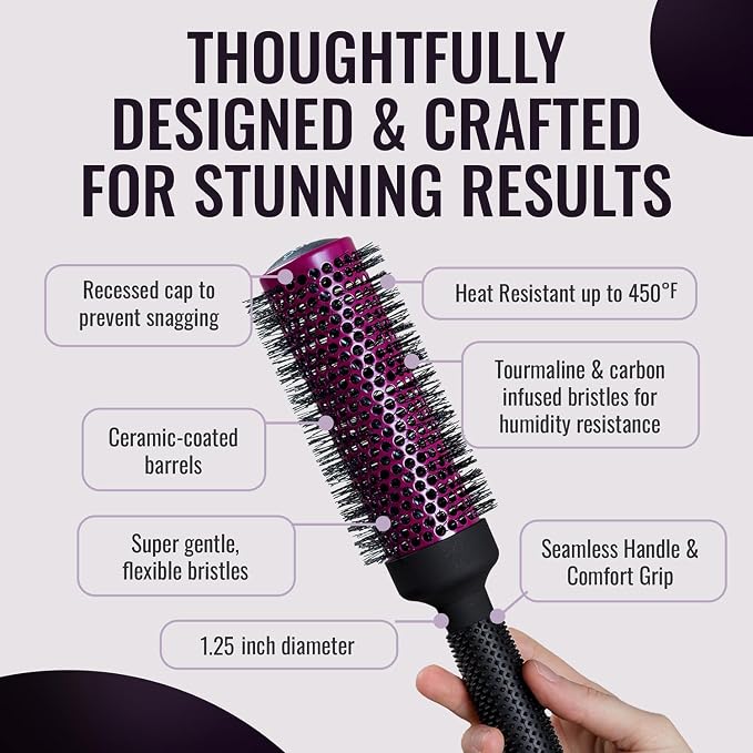 ERGO Super Gentle Round Brush for Blow Out - Salon Quality Hair Styling for Women - Roller for Wet and Dry Hair - Volumizing Care Blowout - ERG33:1.25"