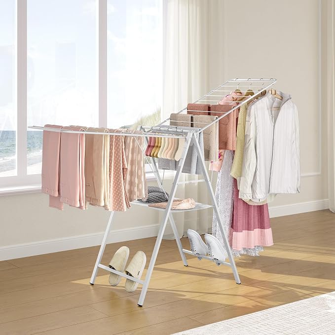 6 Height Adjustable Clothes Drying Rack with Shoe Slots, White | Pre-Assembled, Stable Load Structure, 22 Drying Rails, Foldable Space-Saving For Efficient Indoor & Outdoor Airflow Drying