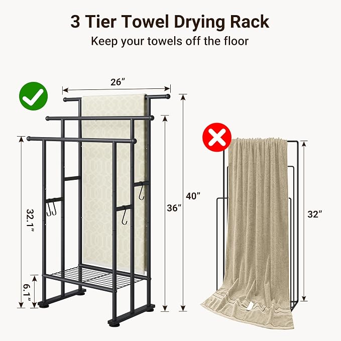 ELYKEN 3 Tier Freestanding Towel Rack with Shelf, 40" H Towel Stand, Black | Metal Drying Rack for Oversized Bath Towels & Blankets, 4 Hooks, Indoor & Outdoor Use, Fits Bathroom, Tub, Shower, Poolside