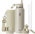 Coolflask Water Bottle Insulated with Straw & 3 Lids, 40 oz Water Jug Large Metal Stainless Steel Wide Mouth for Sports, Gym or Office, Non-BPA Keep Cold 48H Hot 24H, Greige