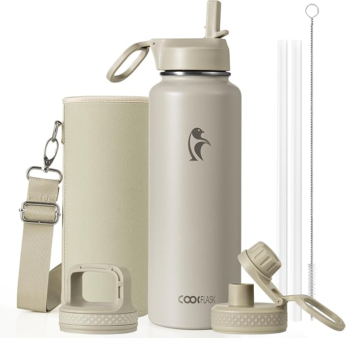 Coolflask Water Bottle Insulated with Straw & 3 Lids, 40 oz Water Jug Large Metal Stainless Steel Wide Mouth for Sports, Gym or Office, Non-BPA Keep Cold 48H Hot 24H, Greige