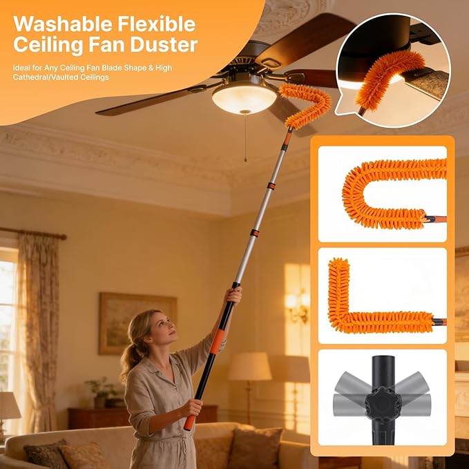 7-in-1 High Ceiling Duster Kit with 4-12ft Extension Pole, Ceiling Fan Duster, Cobweb Duster, Microfiber Duster, Window Cleaner & Squeegee, Wall Mop, 20ft Reach Duster with Extension Pole