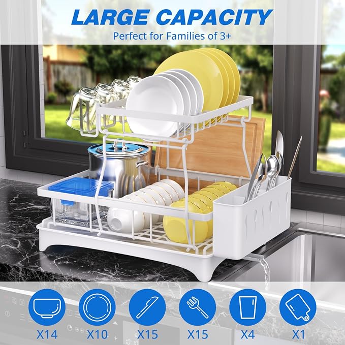 Godboat 2-Tier Dish Drying Rack - Dish Rack with Auto Drain-to-Sink & Mat | Dish Racks for Kitchen Counter, Dish Drainer with Knife Fork & Cup Rack, Gifts for Women, Mothers Day, Kitchen Gadgets, White