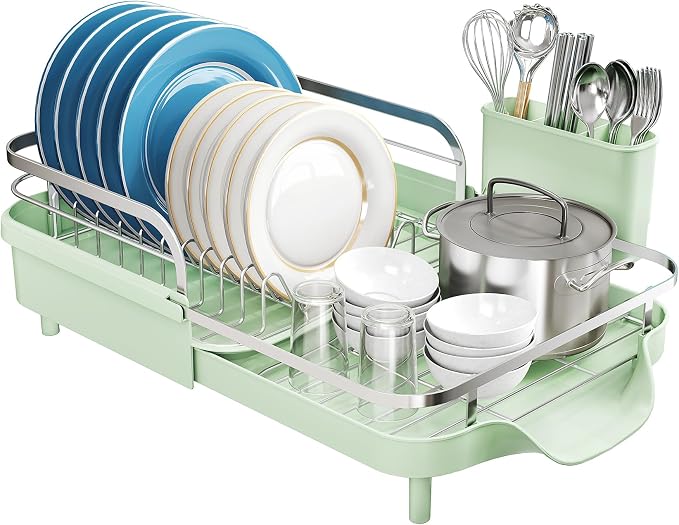 SNTD Dish Drying Rack, Expandable Dish Rack for Kitchen Counter, Stainless Steel Dish Drainer with Drainboard Set and Utensil Holder (Green)