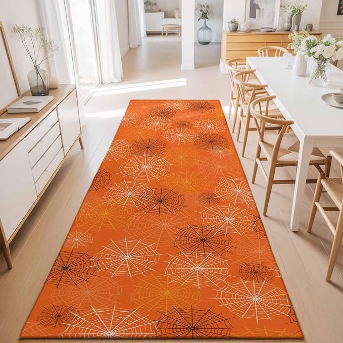 Hallway Runner Rug 2'x6', Orange Halloween Washable Bathroom Area Rugs for Kitchen Bedroom Laundry, Black White Net Halloween Non Slip Door Mat Indoor Entrance Floor Throw Bedsides Carpet