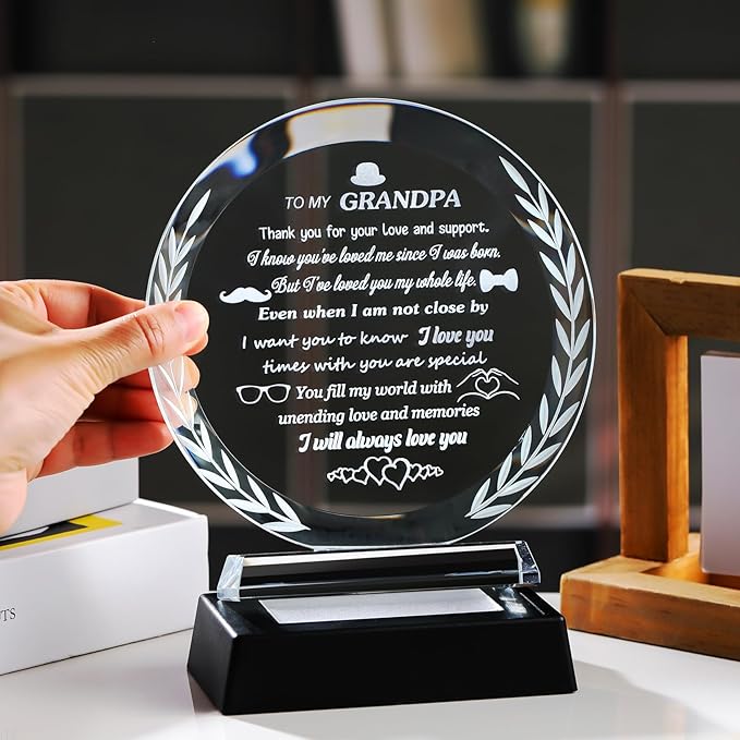 Arikyrist Fathers Day Birthday Gifts for Grandpa Glass Presents to My Grandpa with LED Light Base Best Grandpa Ever Gifts for Christmas