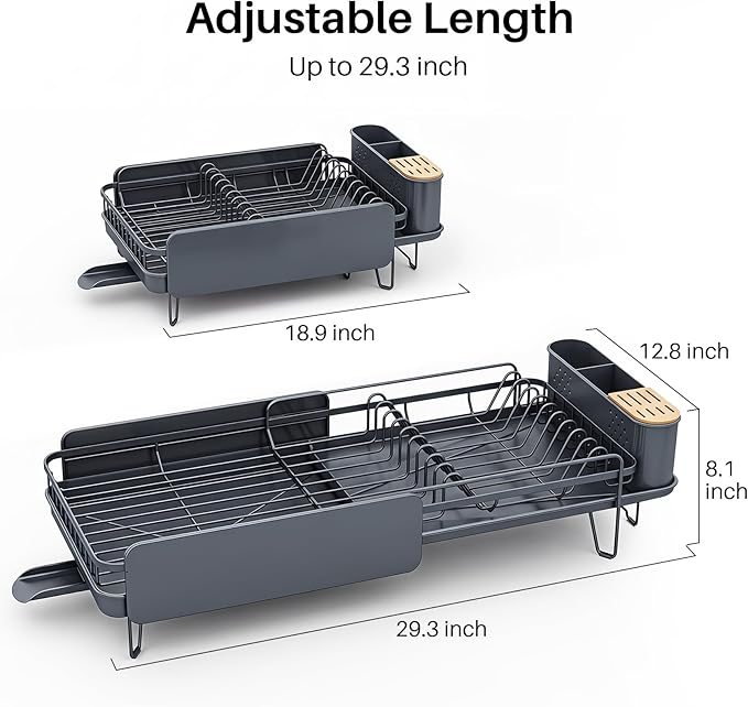 SNTD Dish Drying Rack - Large Dish Racks for Kitchen Counter, Expandable Dish Drainers with Cutlery Holder Stainless Steel Rustproof (Grey)