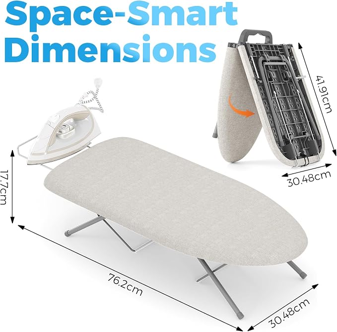 KINGBOARD Tabletop Ironing Board, Small Ironing Boards with Iron Rest, Folding Iron Board, Extra Thick Cover, Portable Tabletop Ironing Board with Non-Slip Feet, 30x12 Beige