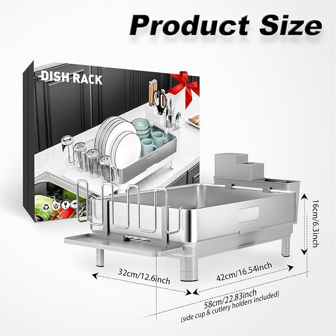 Dish Drying Rack, 304 Stainless Steel Dish Racks for Kitchen Counter | Dish Drainers with Automatic Drainage, Utensil Holder & Cups Holder, Space Saving Kitchen Organizer, Gray