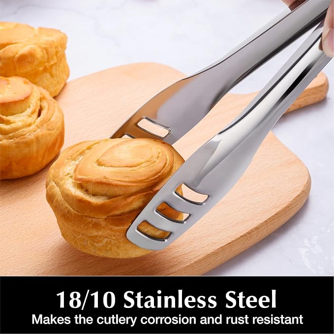 KINGSTONE Serving Tongs 4 Piece,18/10 Stainless Steel 10.62inch Kitchen Tongs For Serving Food,Buffet, Wedding, Party Catering, Food Salad/Cake/Bread, BBQ with Locking