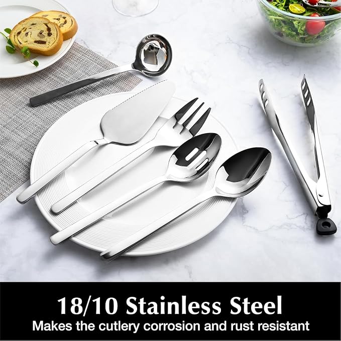 12 piece Large Hostess Serving Utensils Set,18/10 Stainless Steel | Heavy Duty Serving Spoons, Slotted Spoons, Forks, Tongs, Cake Pie Server, Butter Knife,Sugar spoon for Buffet, Wedding, Party