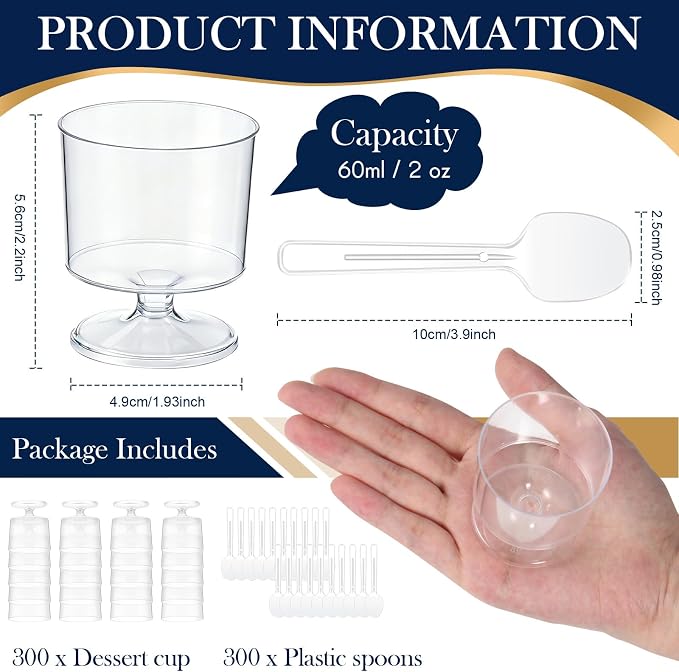 300 Pcs 2 oz Mini Dessert Cups with 300 Pcs Spoons Clear Plastic Mousse Cups Footed Trifle Bowl with Pedestal Fruit Parfait Appetizer Wine Glasses for Serving Party Wedding Birthday