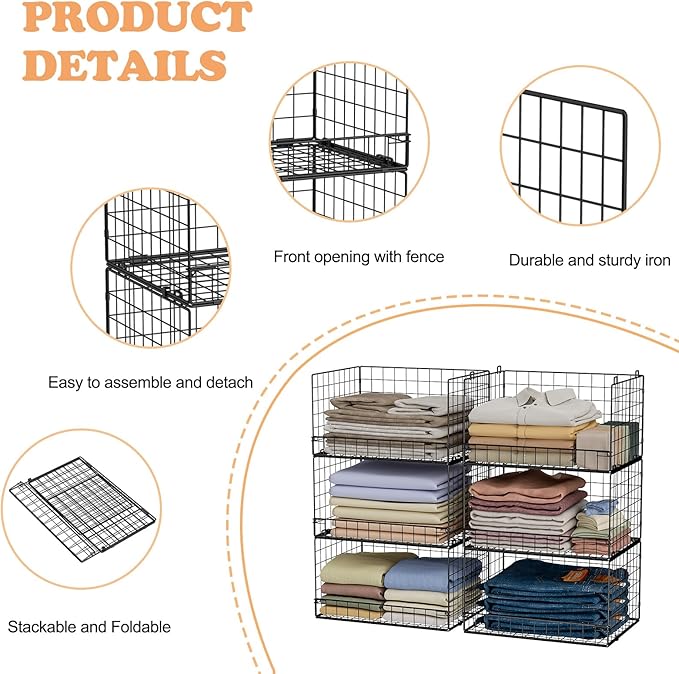 Yociyoga 6-Tier Stackable Closet Organizers and Storage Shelves, Closet Shelf Organizer Basket Bins, Foldable Sweater Storage for Clothes Organizer System, Black（Patent No. 30022416）
