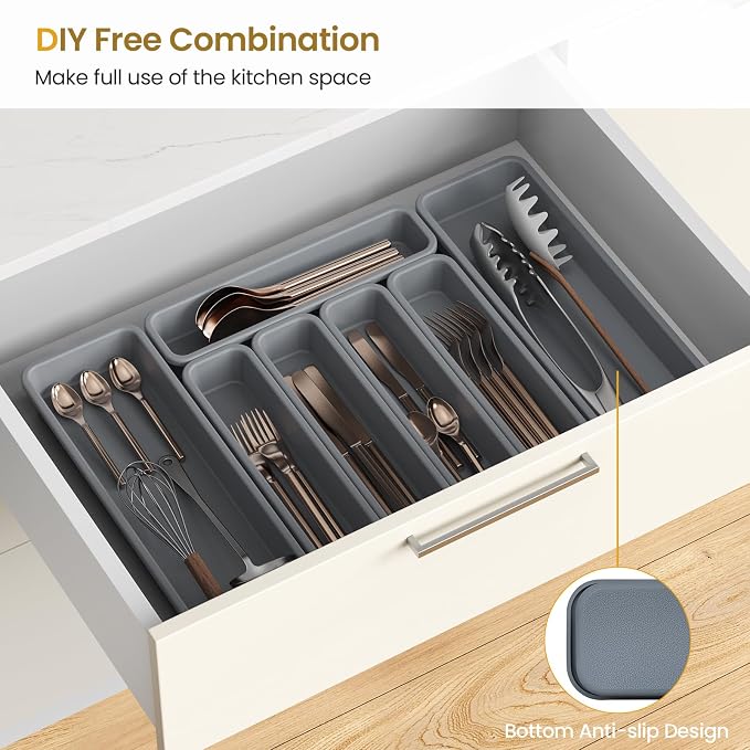 7 Pack Silicone Silverware Drawer Organizer, DIY Free Combination Kitchen Drawer Organizer, Utensil Organizer, Moisture-proof and Heat-resistant up to 200°C, Anti-slip Design (Grey)