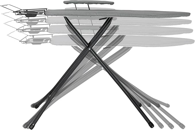 Household Essentials Wide Mega Ironing Board 4-Leg, Steel Top Pressing Station, Matte Black Frame, Grey Cover