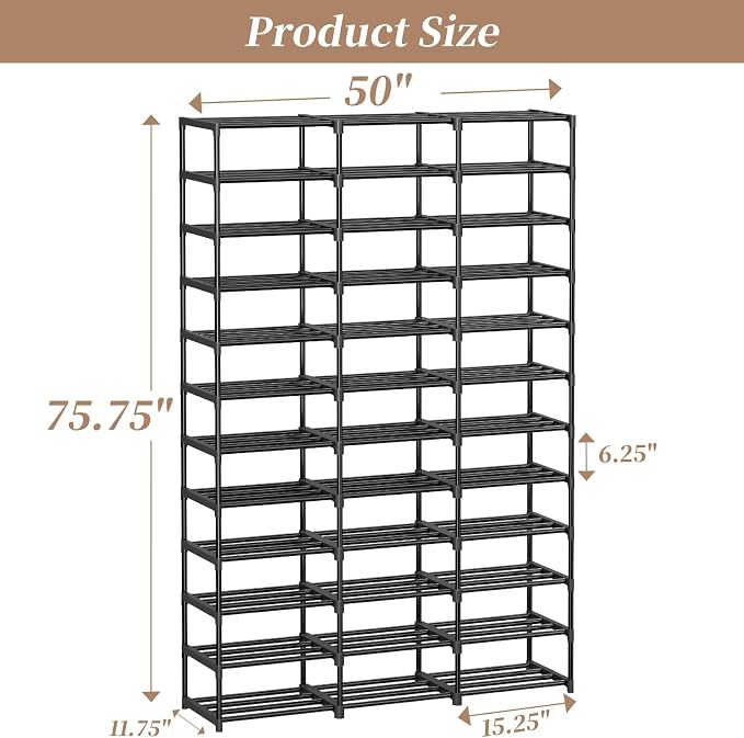 Ekisemio Shoe Rack Large Capacity 72 Pairs Tall Shoe Shelf, 3 Row 12 Tiers Sturdy Metal Shoe Organizer for Entryway, Closet, Bedroom, Black