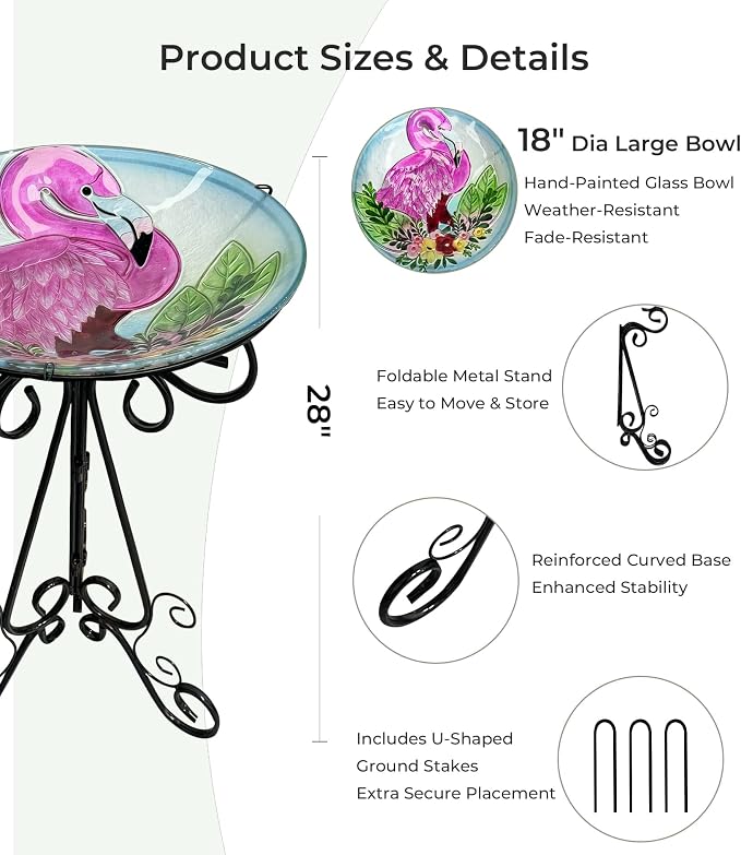 Large Glass Bird Bath with Metal Stand, Flamingo | 18" Wide Bowl, 3.2" Bathing Depth, Thick Glass Construction, Stable 3-Leg Base, Easy Clean Surface, Garden Decor