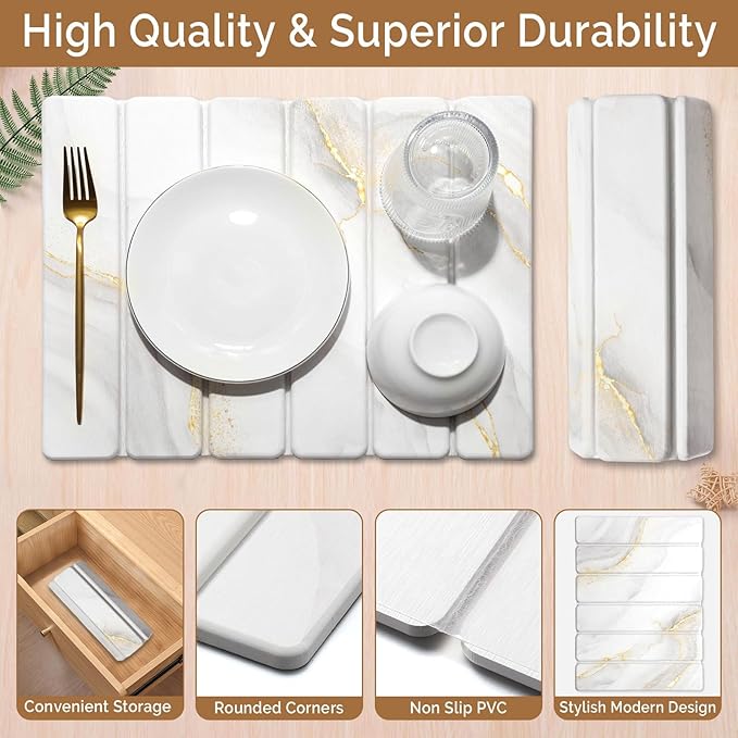 Small Stone Dish Drying Mat for Kitchen Counter, 15.7"×12" & 8"x4" Quick Dry Stone Mats, Foldable Water Absorbing Diatomaceous Earth Drying Dish Pad for Countertop Bottles Utensils Cup(Gold White)
