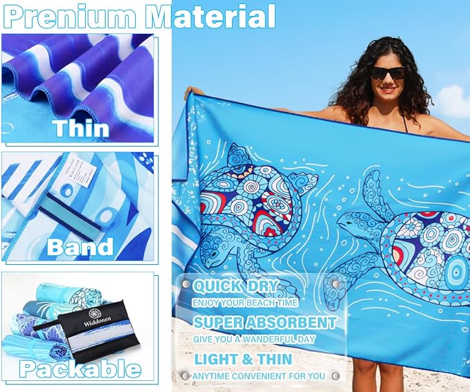 Widdonen Microfiber Beach Towel,Compact 6 Pack-71x32 Inch with Bag Travel | Extra Large,Lightweight,Thin,Sand Free,Quick Dry,Absorbent.Packable for Camping,Swim,Pool,Bath,Picnic,Cruise Essentials Gift