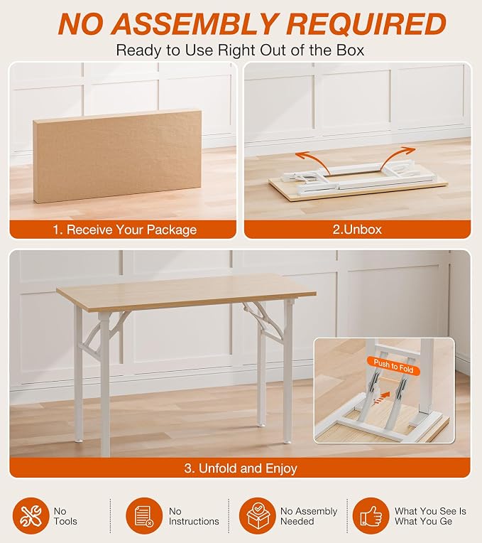 XBurmo Folding Desk Foldable Table, No Assembly 43.3" Foldable Desk Space-Saving Workstation for Small Space, Computer Table, Flat Storage for Home Office, Bedroom, Dorm, Study Room, Light Maple