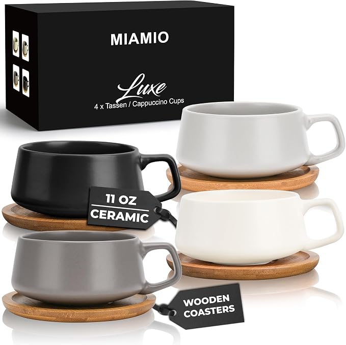 MIAMIO - Cappuccino Cup Set of 4, Ceramic (9.5oz) - Luxe (Classic Pastel) | Ceramic cappuccino cups and saucers, wide latte cups and mugs for Americano, 4-piece set of ceramic cups, dishwasher safe