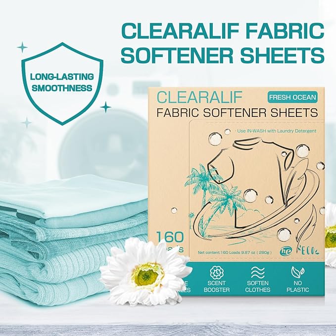 CLEARALIF laundry Fabric Softener Sheets, FRESH OCEAN Scent, 160 Loads, Eco Friendly, Great For Travel, Apartments, Dorms.