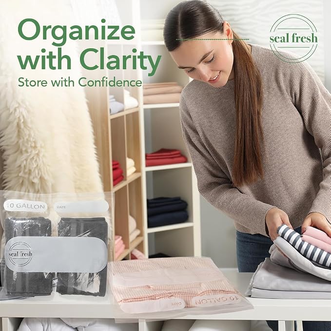 Seal Fresh 10 Gallon Large Plastic Storage Bags – 24" x 24" (30 Count) – Reusable XXL Extra Large Clear Jumbo Zip Bags with Sealable Zipper Top For Clothes, Travel, Moving
